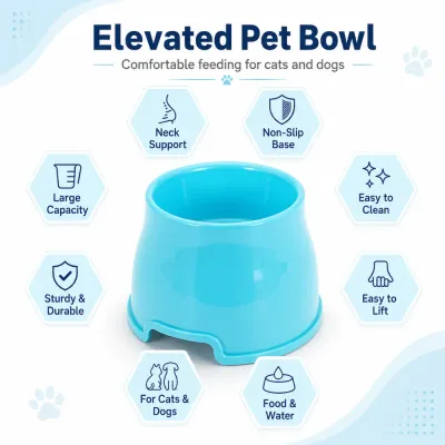 Blue elevated pet bowl with neck support, non-slip base, large capacity, and easy-clean design.