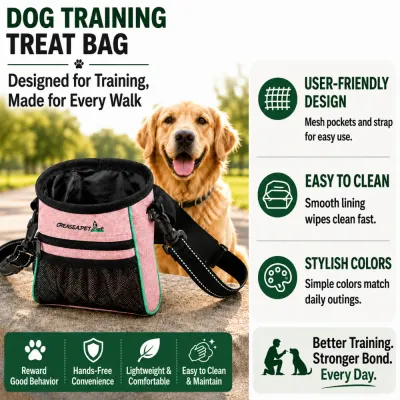 Dog Training Treat Bag with Mesh Pocket Pink dog training treat bag with mesh pocket, smooth lining, adjustable strap, and easy-clean design for daily dog walks