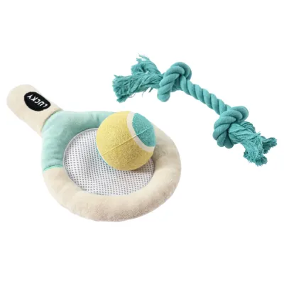 3-piece dog plush toy set with soft racket, tennis ball and cotton rope for chewing, tugging and fetch play