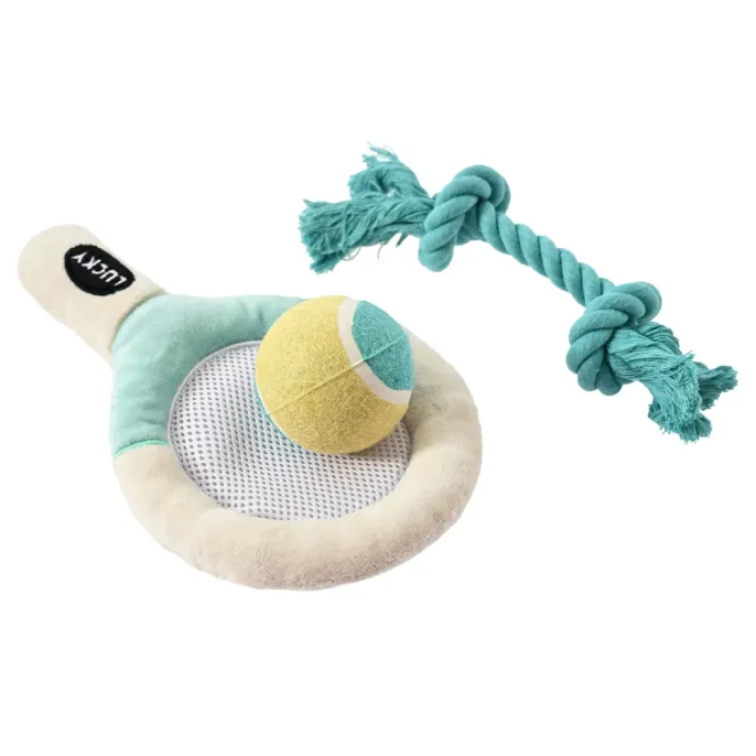3-piece dog plush toy set with soft racket, tennis ball and cotton rope for chewing, tugging and fetch play