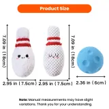 Size chart for 3PCS sports dog toy set with plush bowling pins and blue TPR ball