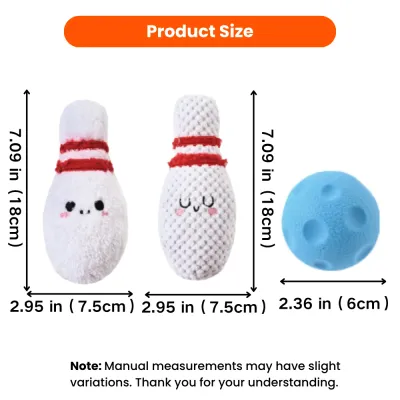 Size chart for 3PCS sports dog toy set with plush bowling pins and blue TPR ball
