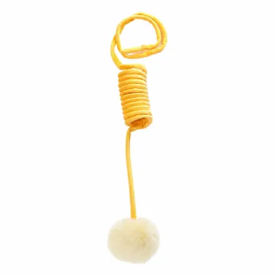 Yellow Retractable Cat Teaser Wand Yellow retractable cat teaser wand with spring cord, soft fluffy ball, and small bell on white background