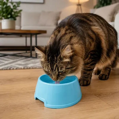Cat drinking water from a blue elevated pet bowl in a cozy indoor living room setting.