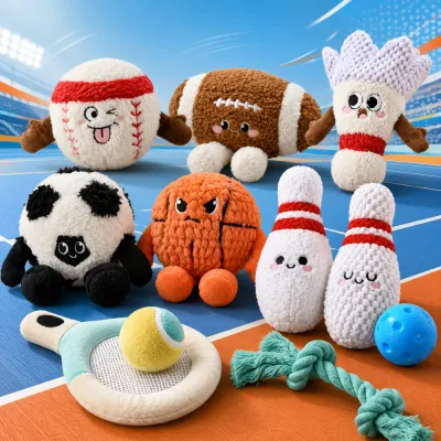 Sports themed plush dog toys collection including soccer, baseball, football, bowling, and rope toys