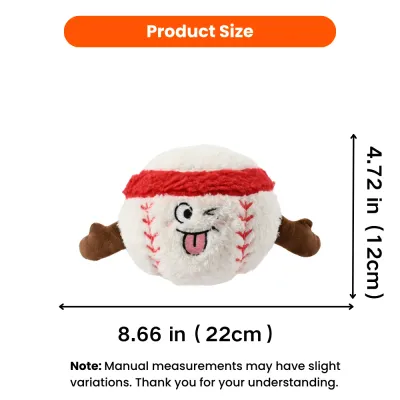Baseball plush dog toy size 8.66 in by 4.72 in with product measurement guide