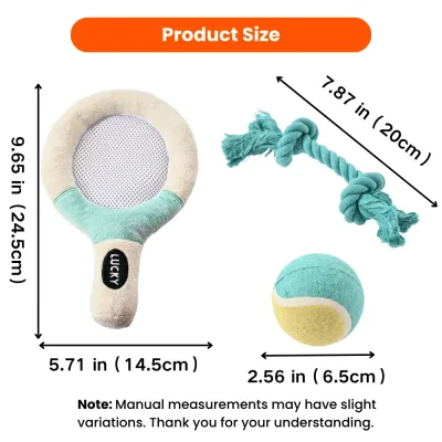 Size chart for dog plush toy gift set showing racket, rope toy and tennis ball measurements in inches and centimeters