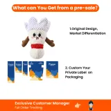 Shuttlecock plush dog toy infographic showing mixed fabric, built-in squeaker, hidden crinkle paper, soft materials and washable design.