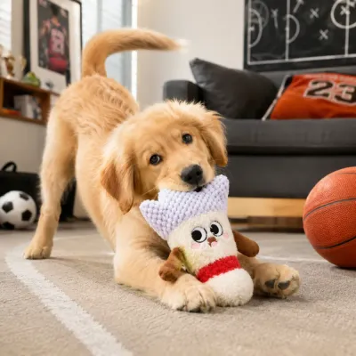 Puppy Playing with Shuttlecock Plush Dog Toy Indoors Golden retriever puppy chewing a shuttlecock plush dog toy in a sporty indoor home setting.