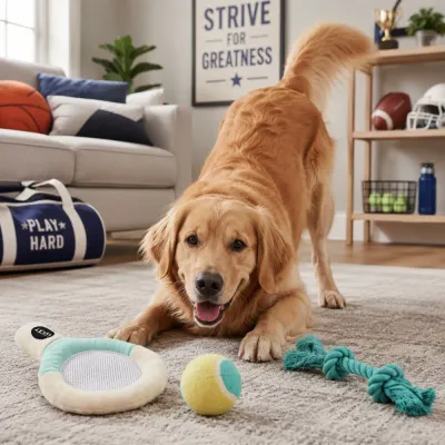 Golden retriever playing with plush tennis racket, ball and rope dog toy set in a sporty home room