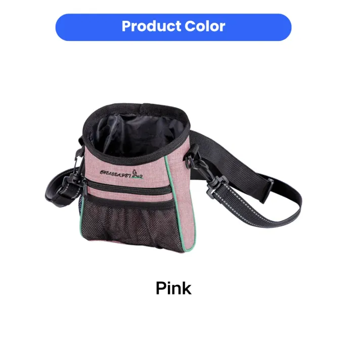 Pink dog training treat bag color display with mesh pocket, black strap, and open top treat storage