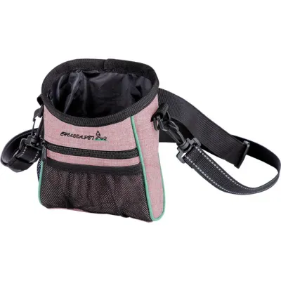 Adjustable Dog Treat Bag with Strap Pink dog treat bag with wide adjustable strap, front zipper pocket, mesh pocket, and open treat compartment