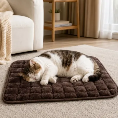 Cat Sleeping on Warm Plush Pet Bed Mat Cat sleeping on a dark brown warm plush pet bed mat on a cozy indoor rug.