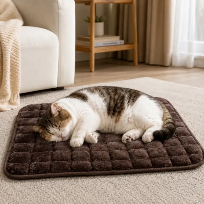 Cat Sleeping on Warm Plush Pet Bed Mat Cat sleeping on a dark brown warm plush pet bed mat on a cozy indoor rug.