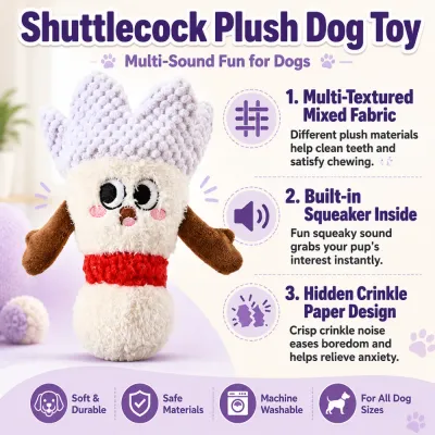 Private Label Shuttlecock Plush Dog Toy Pre Sale Service Wholesale shuttlecock plush dog toy pre-sale service image showing original design, private label packaging and order tracking support.