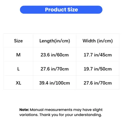 Warm Insulated Pet Bed Mat Size Chart Size chart for warm insulated pet bed mat in M, L and XL sizes with inch and cm measurements.