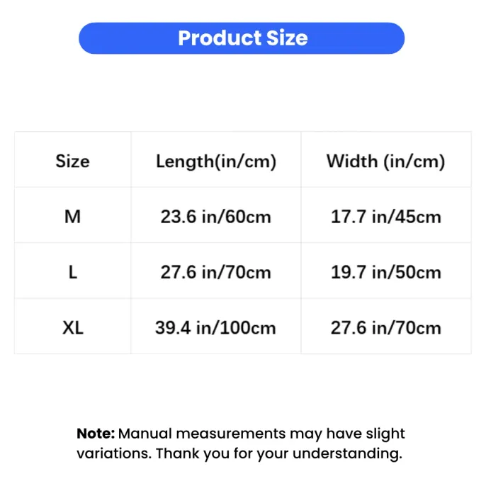 Warm Insulated Pet Bed Mat Size Chart Size chart for warm insulated pet bed mat in M, L and XL sizes with inch and cm measurements.