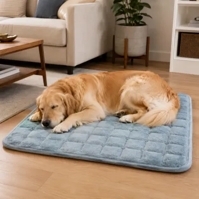 Large Dog Sleeping on Plush Pet Bed Mat Golden retriever sleeping on a soft blue quilted pet bed mat in a cozy living room.