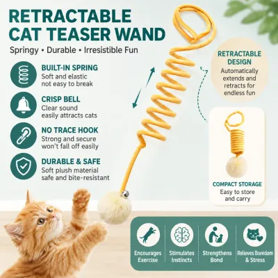 Retractable cat teaser wand with built-in spring, bell, secure hook, and soft plush ball for kitten play