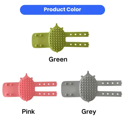 Green pink and grey silicone cat self grooming brushes displayed on a white background for product color selection