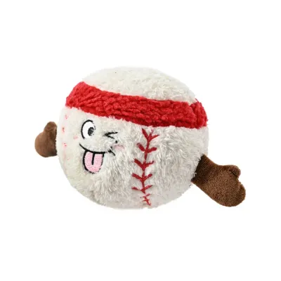 White background image of baseball plush dog toy with cute face and soft fabric for dogs