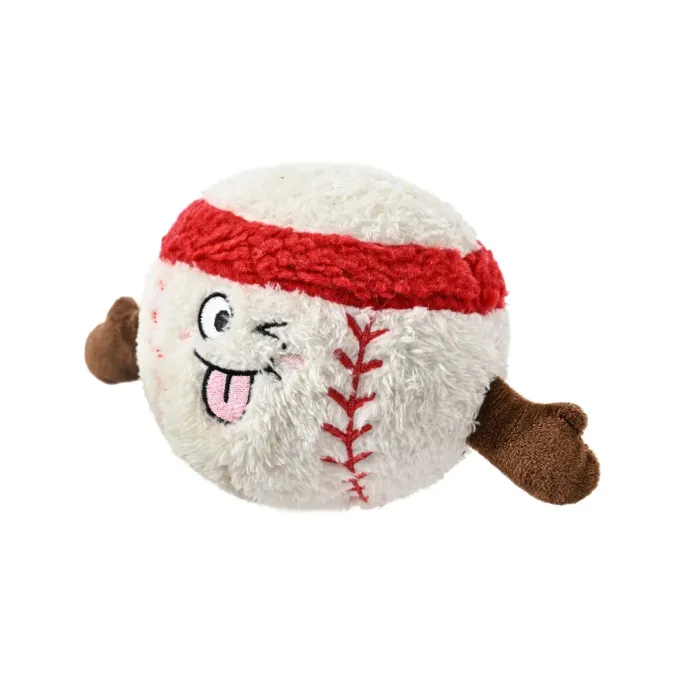White background image of baseball plush dog toy with cute face and soft fabric for dogs