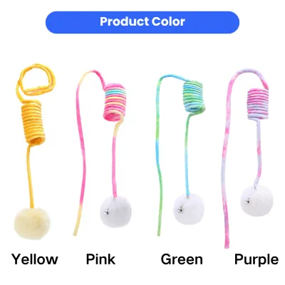 Product color chart for retractable cat teaser wand in yellow, pink, green, and purple