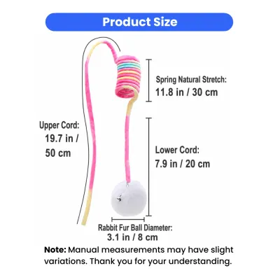 Size chart for retractable cat teaser wand with spring cord, lower cord, and fluffy ball measurements