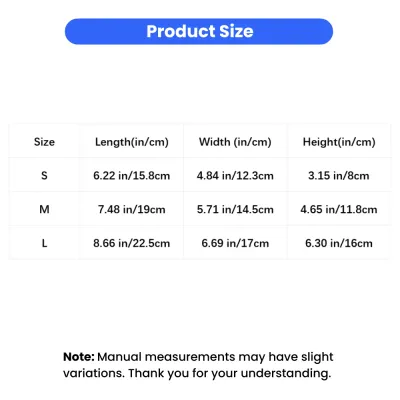 Elevated pet bowl size chart showing S, M, and L dimensions in inches and centimeters.