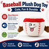 Baseball plush dog toy with squeaker, mixed materials, and cute cartoon design for dogs of different sizes.