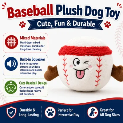 Baseball plush dog toy with squeaker, mixed materials, and cute cartoon design for dogs of different sizes.