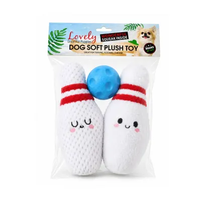 3PCS bowling pin dog plush toy set with squeaky soft pins and blue TPR ball in retail packaging