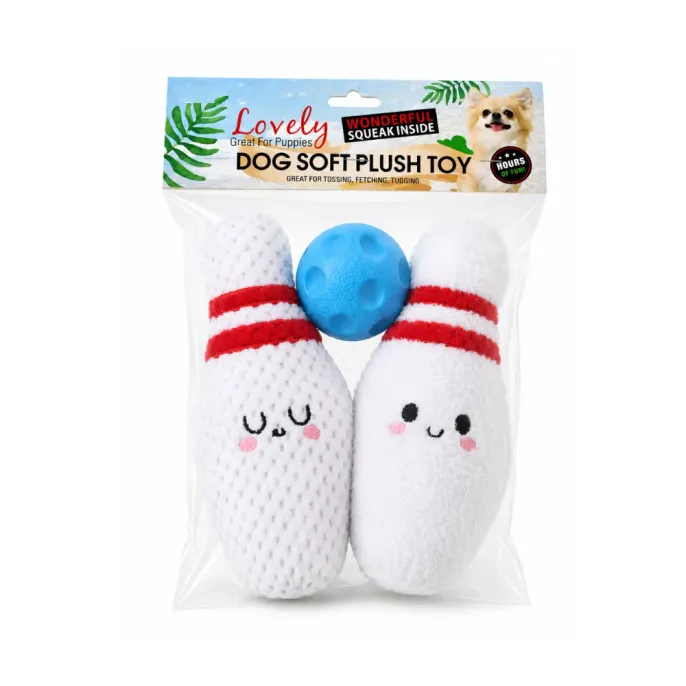3PCS bowling pin dog plush toy set with squeaky soft pins and blue TPR ball in retail packaging