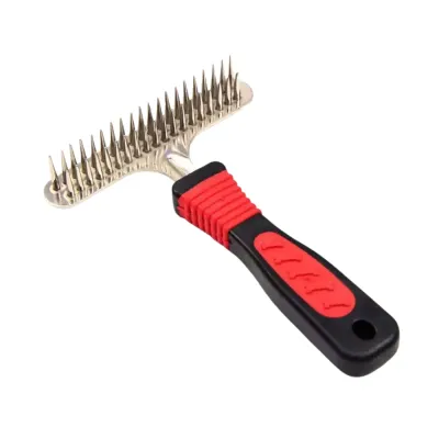 Stainless steel double sided dog grooming rake comb with ergonomic red handle for coat grooming