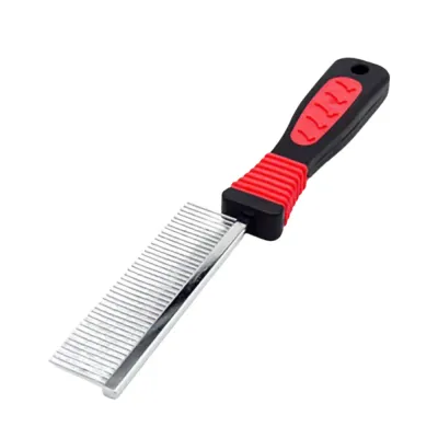 Long teeth stainless steel pet comb with ergonomic handle for dogs and cats grooming