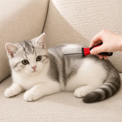 cat grooming with dual sided comb for removing loose hair