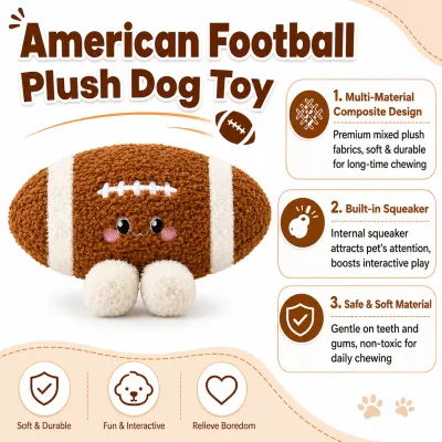 American football plush dog toy with mixed plush materials, built-in squeaker, and soft chew design for interactive dog play.