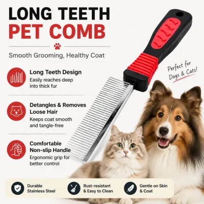 Long teeth pet comb for deep fur grooming, detangling and loose hair removal