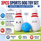Sports dog toy set featuring soft plush bowling pins, durable TPR ball, squeaker, and interactive fetch play