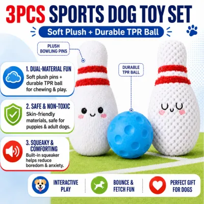 Sports dog toy set featuring soft plush bowling pins, durable TPR ball, squeaker, and interactive fetch play