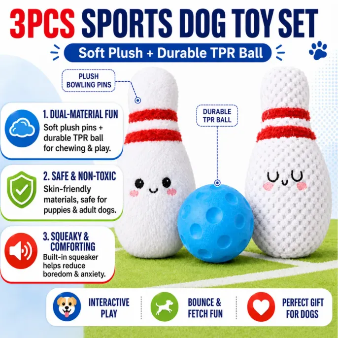 Sports dog toy set featuring soft plush bowling pins, durable TPR ball, squeaker, and interactive fetch play