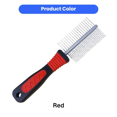 red pet grooming comb with dual sided stainless steel teeth