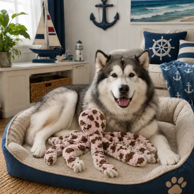 Husky Playing with Plush Octopus Dog Toy Husky dog enjoying a pink plush octopus toy with long legs for interactive chewing and tug play