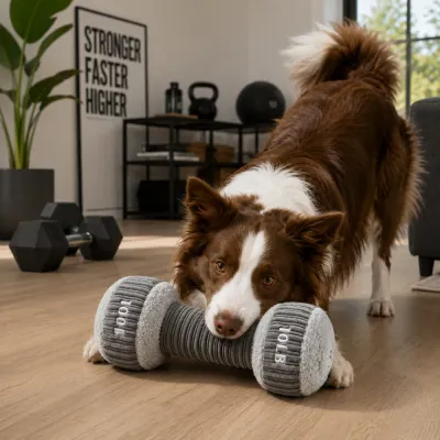 Dog Playing with Dumbbell Plush Toy Indoor Dog playing with a dumbbell plush toy indoors for chewing and interactive entertainment