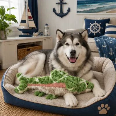 Husky Playing with Green Plush Crocodile Dog Toy Husky dog enjoying a green plush crocodile toy designed for interactive chewing and indoor entertainment