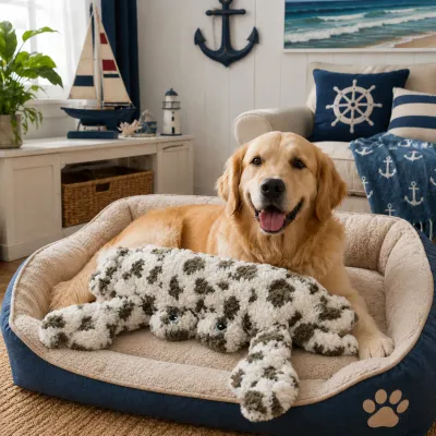Golden retriever relaxing with a soft plush crocodile dog toy on a pet bed for interactive play