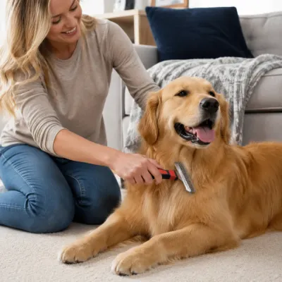 Golden retriever dog being brushed with a double sided grooming rake comb at home