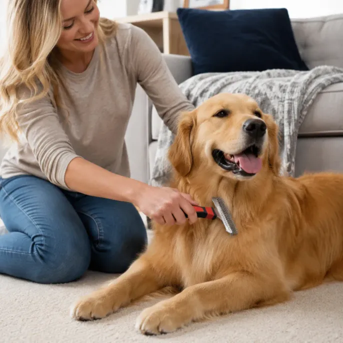 Dog Owner Using Grooming Rake Comb at Home Golden retriever dog being brushed with a double sided grooming rake comb at home
