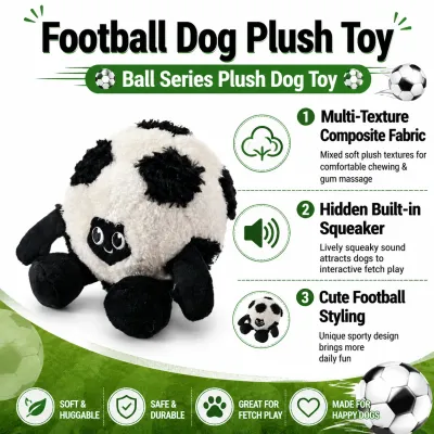 Squeaky Football Plush Dog Toy Features Football plush dog toy with multi-texture fabric, built-in squeaker, and cute football styling