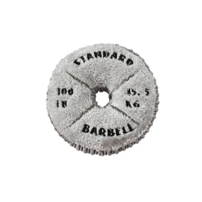 Weight plate shaped plush dog toy for dogs with soft fabric and squeaker inside